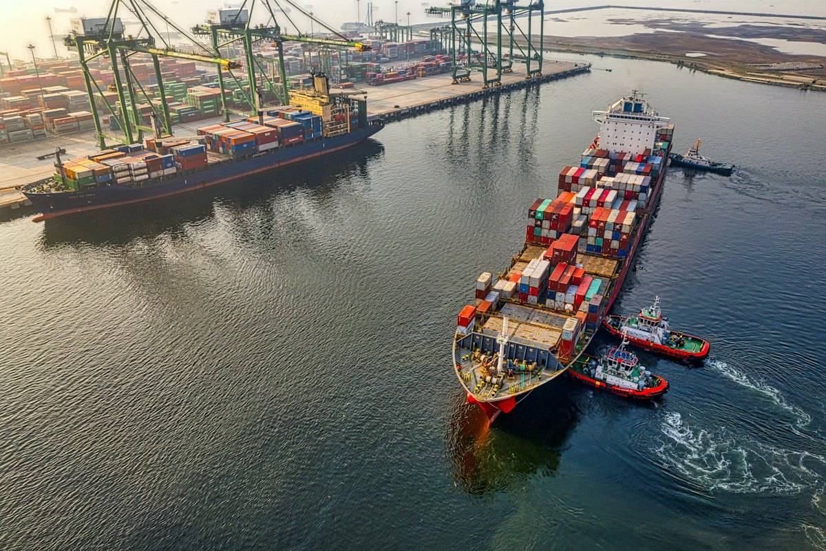 A container ship leaving port